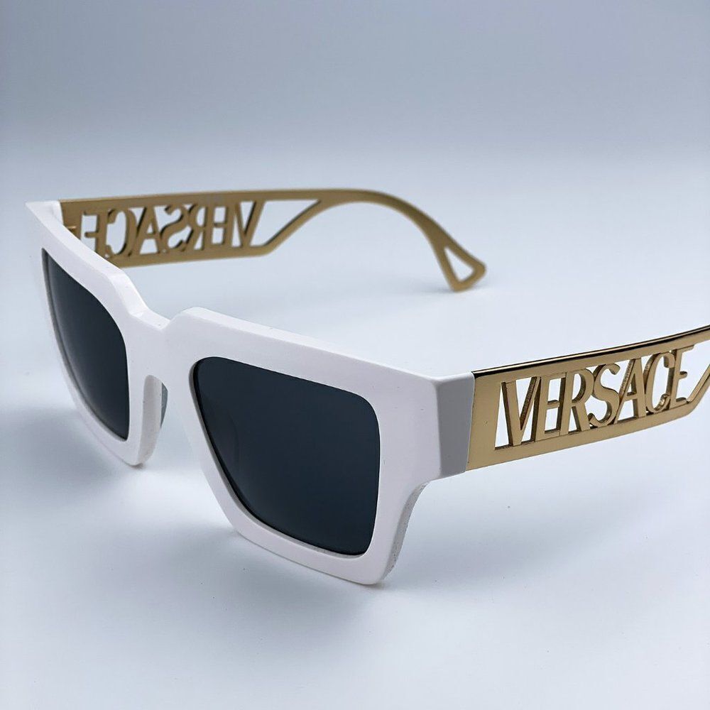 NEW Versace VE4431 401/87 White Gold Logo Dark Grey Square Women Sunglasses - Picture 6 of 12